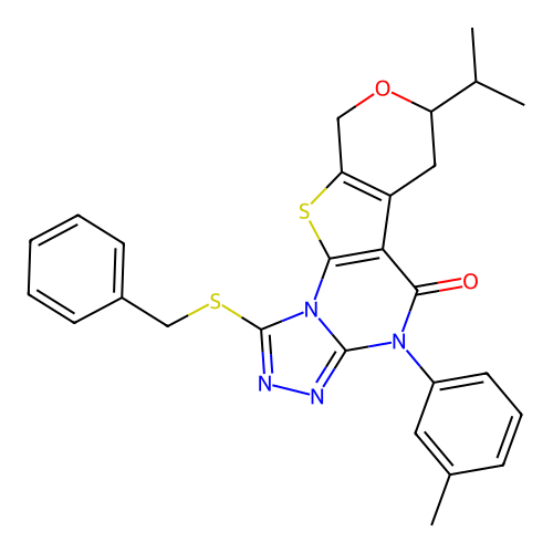 1-(benzylsulfanyl)-4-(3-methylphenyl)-7-(propan-2-yl)-6,9-dihydro-7H-pyrano[4',3':4,5]thieno[3,2-e][1,2,4]triazolo[4,3-a]pyrimidin-5(4H)-one structure