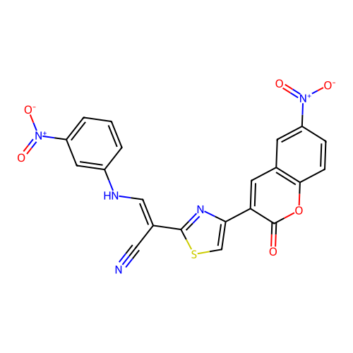2-(4-(6-nitro-2-oxo-2H-chromen-3-yl)thiazol-2-yl)-3-((3-nitrophenyl)amino)acrylonitrile structure