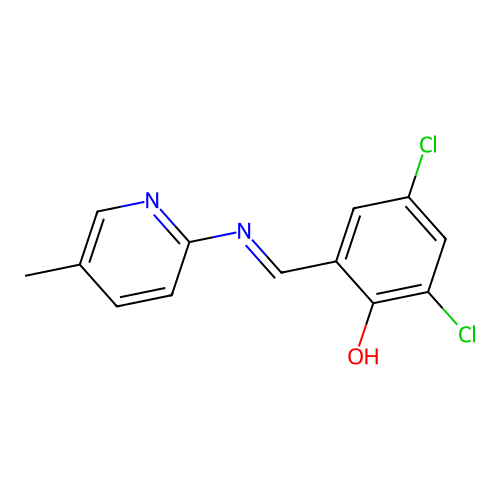 2,4-dichloro-6-{(E)-[(5-methylpyridin-2-yl)imino]methyl}phenol structure
