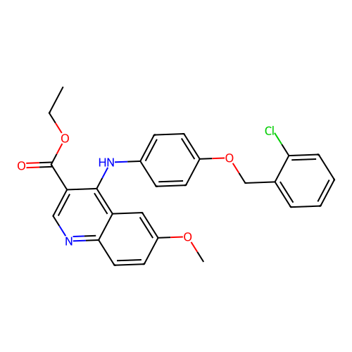 Ethyl 4-((4-((2-chlorobenzyl)oxy)phenyl)amino)-6-methoxyquinoline-3-carboxylate structure