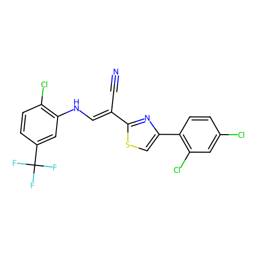 (2E)-3-{[2-chloro-5-(trifluoromethyl)phenyl]amino}-2-[4-(2,4-dichlorophenyl)-1,3-thiazol-2-yl]prop-2-enenitrile structure