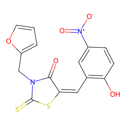(E)-3-(furan-2-ylmethyl)-5-(2-hydroxy-5-nitrobenzylidene)-2-thioxothiazolidin-4-one structure