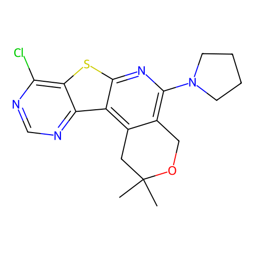 8-chloro-2,2-dimethyl-5-(pyrrolidin-1-yl)-1,4-dihydro-2H-pyrano[4'',3'':4',5']pyrido[3',2':4,5]thieno[3,2-d]pyrimidine structure