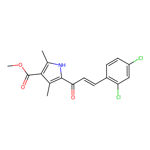 (E)-methyl 5-(3-(2,4-dichlorophenyl)acryloyl)-2,4-dimethyl-1H-pyrrole-3-carboxylate structure