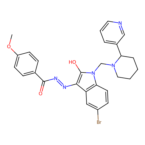 (E)-N'-(5-bromo-2-oxo-1-((2-(pyridin-3-yl)piperidin-1-yl)methyl)indolin-3-ylidene)-4-methoxybenzohydrazide structure