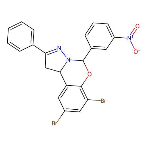 2,4-dibromo-6-(3-nitrophenyl)-9-phenyl-6H,10aH-benzo[e]2-pyrazolino[1,5-c]1,3- oxazine structure