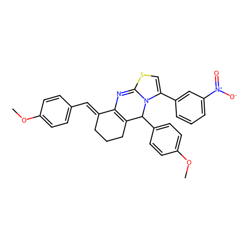 (E)-9-(4-methoxybenzylidene)-5-(4-methoxyphenyl)-3-(3-nitrophenyl)-6,7,8,9-tetrahydro-5H-thiazolo[2,3-b]quinazoline structure