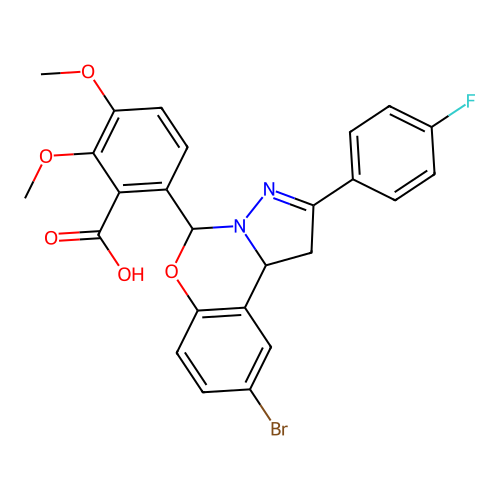 6-(9-bromo-2-(4-fluorophenyl)-5,10b-dihydro-1H-benzo[e]pyrazolo[1,5-c][1,3]oxazin-5-yl)-2,3-dimethoxybenzoic acid structure