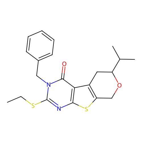 3-benzyl-2-(ethylsulfanyl)-6-(propan-2-yl)-3,5,6,8-tetrahydro-4H-pyrano[4',3':4,5]thieno[2,3-d]pyrimidin-4-one structure