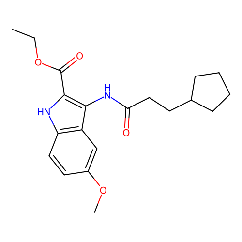 ethyl 3-[(3-cyclopentylpropanoyl)amino]-5-methoxy-1H-indole-2-carboxylate structure
