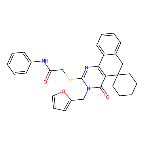 2-((3-(furan-2-ylmethyl)-4-oxo-4,6-dihydro-3H-spiro[benzo[h]quinazoline-5,1'-cyclohexan]-2-yl)thio)-N-phenylacetamide structure