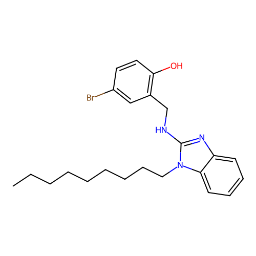 4-bromo-2-(((1-nonyl-1H-benzo[d]imidazol-2-yl)amino)methyl)phenol structure