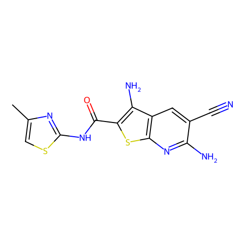 3,6-diamino-5-cyano-N-(4-methylthiazol-2-yl)thieno[2,3-b]pyridine-2-carboxamide structure