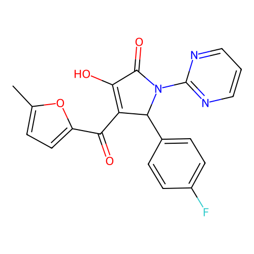 (E)-[2-(4-fluorophenyl)-4,5-dioxo-1-(pyrimidin-1-ium-2-yl)pyrrolidin-3-ylidene](5-methylfuran-2-yl)methanolate structure