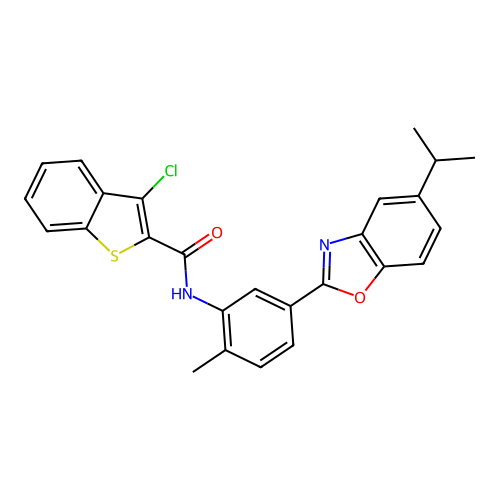 3-chloro-N-[2-methyl-5-(5-propan-2-ylbenzooxazol-2-yl)phenyl]benzothiophene-2-carboxamide structure