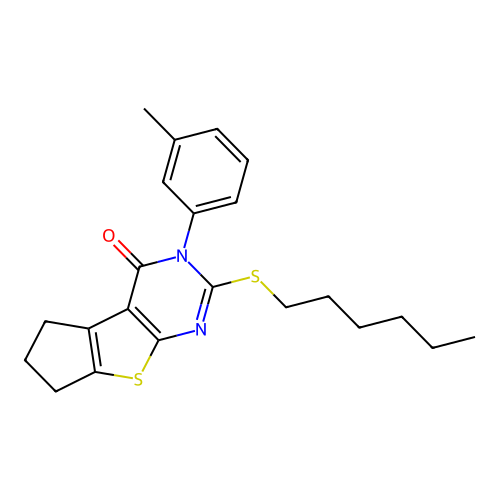 2-(hexylsulfanyl)-3-(3-methylphenyl)-3,5,6,7-tetrahydro-4H-cyclopenta[4,5]thieno[2,3-d]pyrimidin-4-one structure