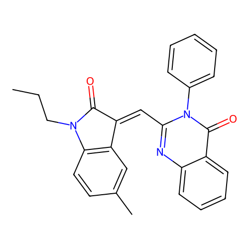 2-[(5-methyl-2-oxo-1-propyl-1,2-dihydro-3H-indol-3-ylidene)methyl]-3-phenyl-4(3H)-quinazolinone structure