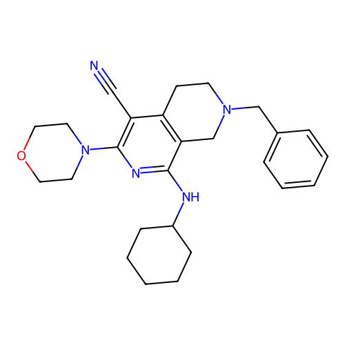 7-benzyl-1-(cyclohexylamino)-3-morpholin-4-yl-6,8-dihydro-5H-2,7-naphthyridine-4-carbonitrile structure