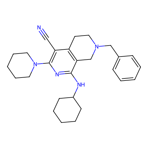 7-benzyl-1-(cyclohexylamino)-3-(piperidin-1-yl)-5,6,7,8-tetrahydro-2,7-naphthyridine-4-carbonitrile structure
