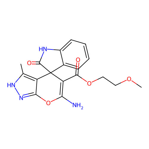 2-methoxyethyl 6'-amino-3'-methyl-2-oxo-1'H-spiro[indoline-3,4'-pyrano[2,3-c]pyrazole]-5'-carboxylate structure