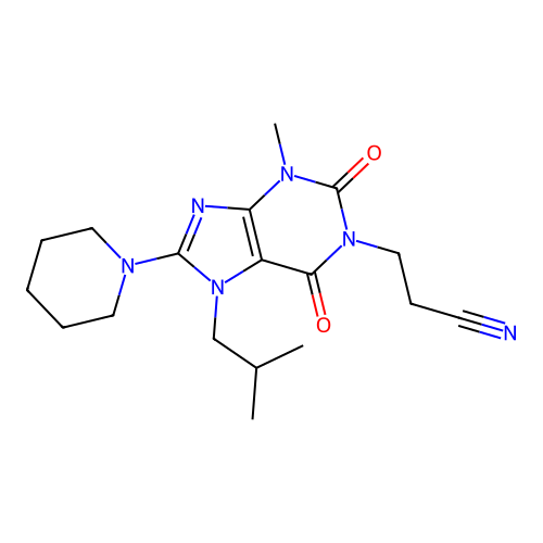 3-[3-methyl-7-(2-methylpropyl)-2,6-dioxo-8-piperidin-1-ylpurin-1-yl]propanenitrile structure