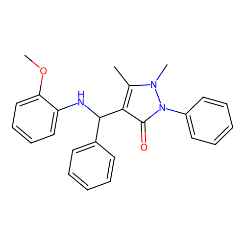 4-[(2-methoxyanilino)-phenylmethyl]-1,5-dimethyl-2-phenylpyrazol-3-one structure