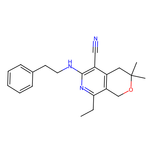 8-ethyl-3,3-dimethyl-6-(phenethylamino)-1,4-dihydropyrano[3,4-c]pyridine-5-carbonitrile structure