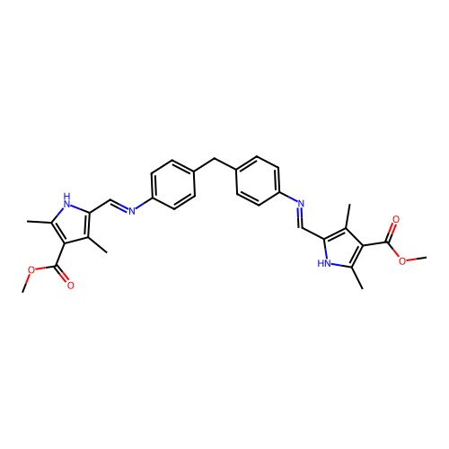 dimethyl 5,5'-((1E,1'E)-((methylenebis(4,1-phenylene))bis(azanylylidene))bis(methanylylidene))bis(2,4-dimethyl-1H-pyrrole-3-carboxylate) structure