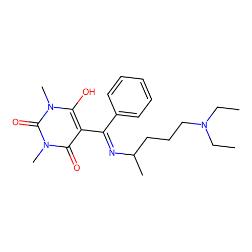 5-(((5-(diethylamino)pentan-2-yl)amino)(phenyl)methylene)-1,3-dimethylpyrimidine-2,4,6(1H,3H,5H)-trione structure