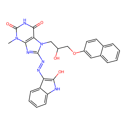 (E)-7-(2-hydroxy-3-(naphthalen-2-yloxy)propyl)-3-methyl-8-(2-(2-oxoindolin-3-ylidene)hydrazinyl)-1H-purine-2,6(3H,7H)-dione structure