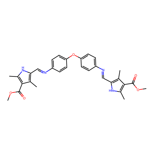 dimethyl 5,5'-((1E,1'E)-((oxybis(4,1-phenylene))bis(azanylylidene))bis(methanylylidene))bis(2,4-dimethyl-1H-pyrrole-3-carboxylate) structure