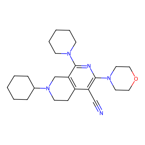 7-cyclohexyl-3-morpholin-4-yl-1-piperidin-1-yl-6,8-dihydro-5H-2,7-naphthyridine-4-carbonitrile structure