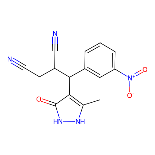2-[(3-hydroxy-5-methyl-1H-pyrazol-4-yl)(3-nitrophenyl)methyl]butanedinitrile structure
