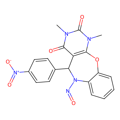 1,3-dimethyl-5-(4-nitrophenyl)-6-nitroso-5H-pyrimido[4,5-b][1,5]benzoxazepine-2,4-dione structure