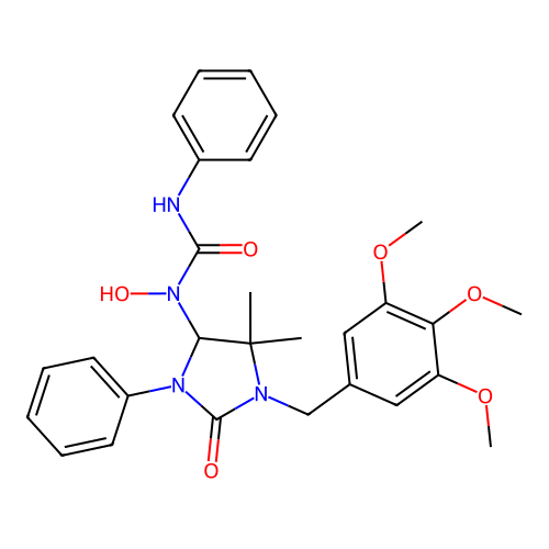 1-(5,5-dimethyl-2-oxo-3-phenyl-1-(3,4,5-trimethoxybenzyl)imidazolidin-4-yl)-1-hydroxy-3-phenylurea structure