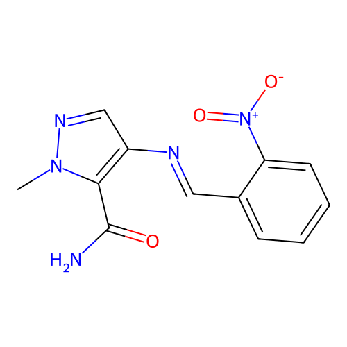1-methyl-4-{[(E)-(2-nitrophenyl)methylidene]amino}-1H-pyrazole-5-carboxamide structure