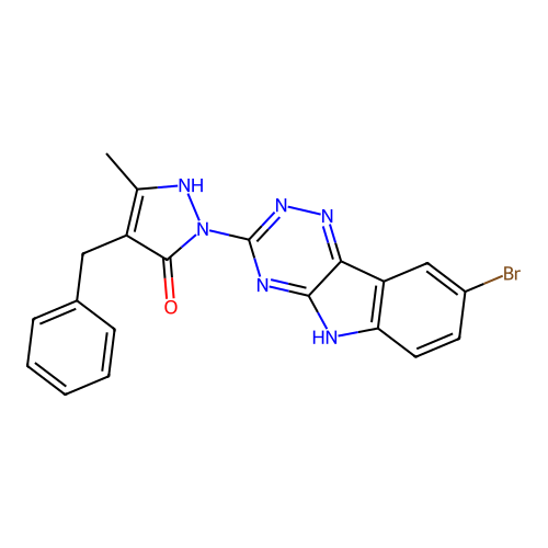 4-benzyl-1-(8-bromo-5H-[1,2,4]triazino[5,6-b]indol-3-yl)-3-methyl-1H-pyrazol-5-ol structure