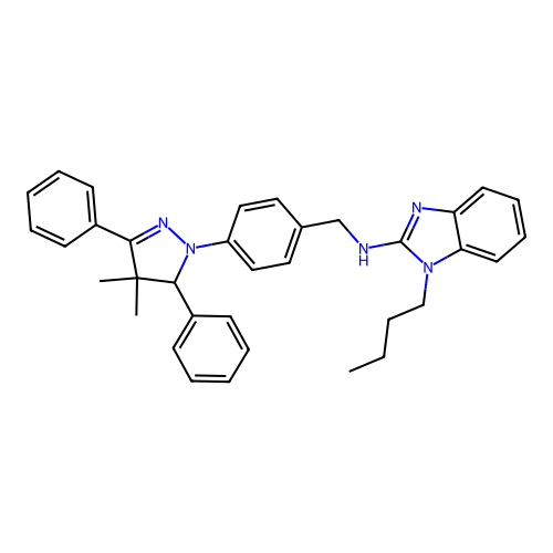 1-butyl-N-(4-(4,4-dimethyl-3,5-diphenyl-4,5-dihydro-1H-pyrazol-1-yl)benzyl)-1H-benzo[d]imidazol-2-amine structure