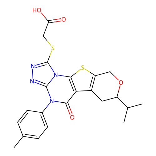 2-((7-isopropyl-5-oxo-4-(p-tolyl)-5,6,7,9-tetrahydro-4H-pyrano[4',3':4,5]thieno[3,2-e][1,2,4]triazolo[4,3-a]pyrimidin-1-yl)thio)acetic acid structure