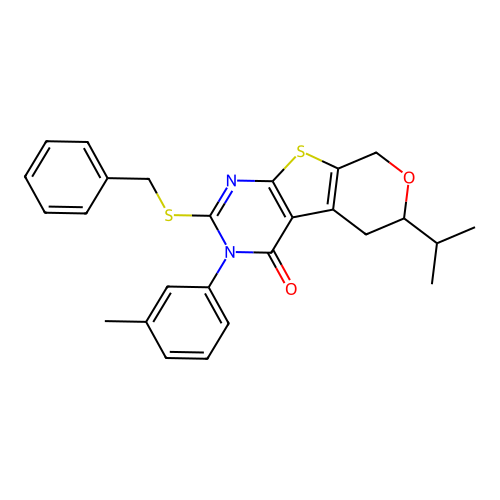 2-(benzylsulfanyl)-3-(3-methylphenyl)-6-(propan-2-yl)-3,5,6,8-tetrahydro-4H-pyrano[4',3':4,5]thieno[2,3-d]pyrimidin-4-one structure