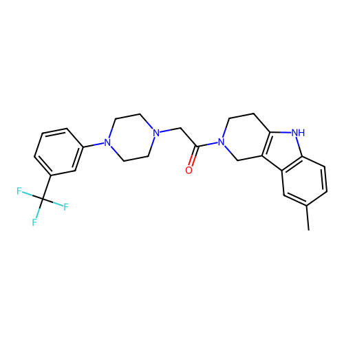 1-(8-methyl-1,3,4,5-tetrahydro-2H-pyrido[4,3-b]indol-2-yl)-2-{4-[3-(trifluoromethyl)phenyl]piperazin-1-yl}ethanone structure