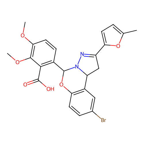 6-(9-bromo-2-(5-methylfuran-2-yl)-5,10b-dihydro-1H-benzo[e]pyrazolo[1,5-c][1,3]oxazin-5-yl)-2,3-dimethoxybenzoic acid structure