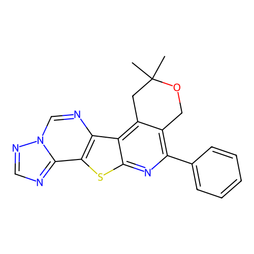8,8-dimethyl-11-phenyl-7,10-dihydro-8H-pyrano[4'',3'':4',5']pyrido[3',2':4,5]thieno[2,3-e][1,2,4]triazolo[1,5-c]pyrimidine structure