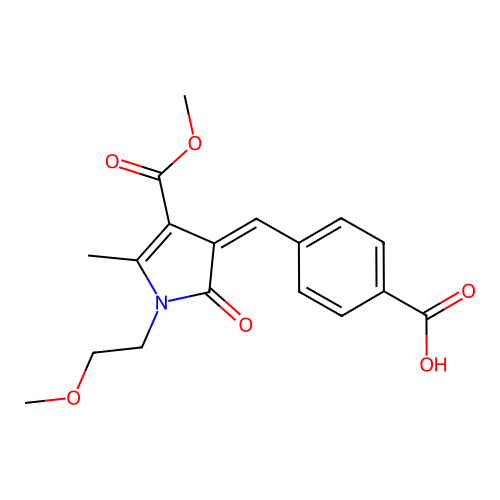 4-{(Z)-[4-(methoxycarbonyl)-1-(2-methoxyethyl)-5-methyl-2-oxo-1,2-dihydro-3H-pyrrol-3-ylidene]methyl}benzoic acid structure