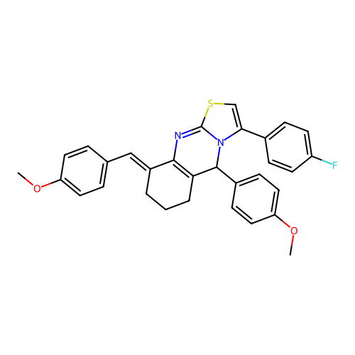 (9E)-3-(4-fluorophenyl)-5-(4-methoxyphenyl)-9-[(4-methoxyphenyl)methylidene]-5,6,7,8-tetrahydro-[1,3]thiazolo[2,3-b]quinazoline structure