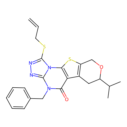 1-(allylthio)-4-benzyl-7-isopropyl-6,7-dihydro-4H-pyrano[4',3':4,5]thieno[3,2-e][1,2,4]triazolo[4,3-a]pyrimidin-5(9H)-one structure