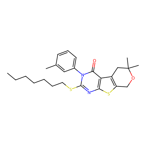 2-(heptylsulfanyl)-6,6-dimethyl-3-(3-methylphenyl)-3,5,6,8-tetrahydro-4H-pyrano[4',3':4,5]thieno[2,3-d]pyrimidin-4-one structure