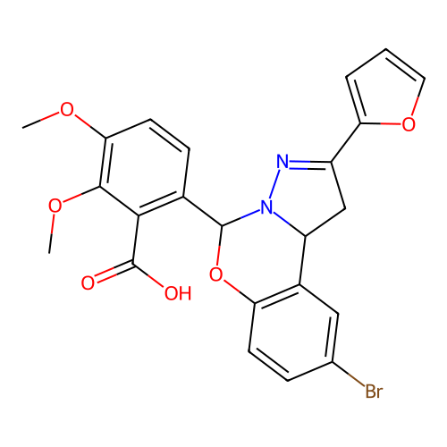 6-[9-bromo-2-(furan-2-yl)-1,10b-dihydropyrazolo[1,5-c][1,3]benzoxazin-5-yl]-2,3-dimethoxybenzoic acid structure