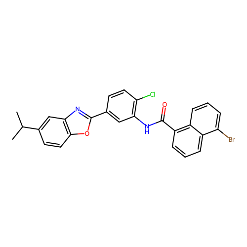 5-bromo-N-{2-chloro-5-[5-(propan-2-yl)-1,3-benzoxazol-2-yl]phenyl}naphthalene-1-carboxamide structure