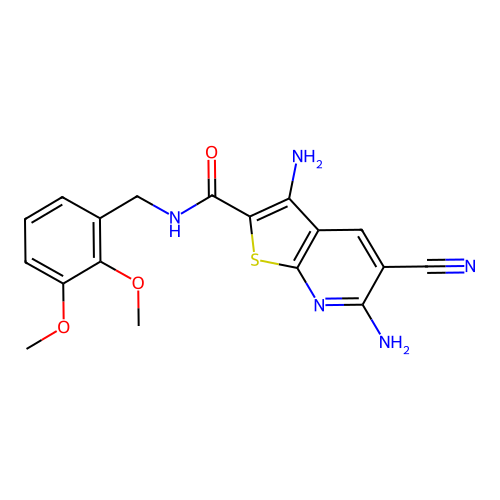 3,6-diamino-5-cyano-N-(2,3-dimethoxybenzyl)thieno[2,3-b]pyridine-2-carboxamide structure